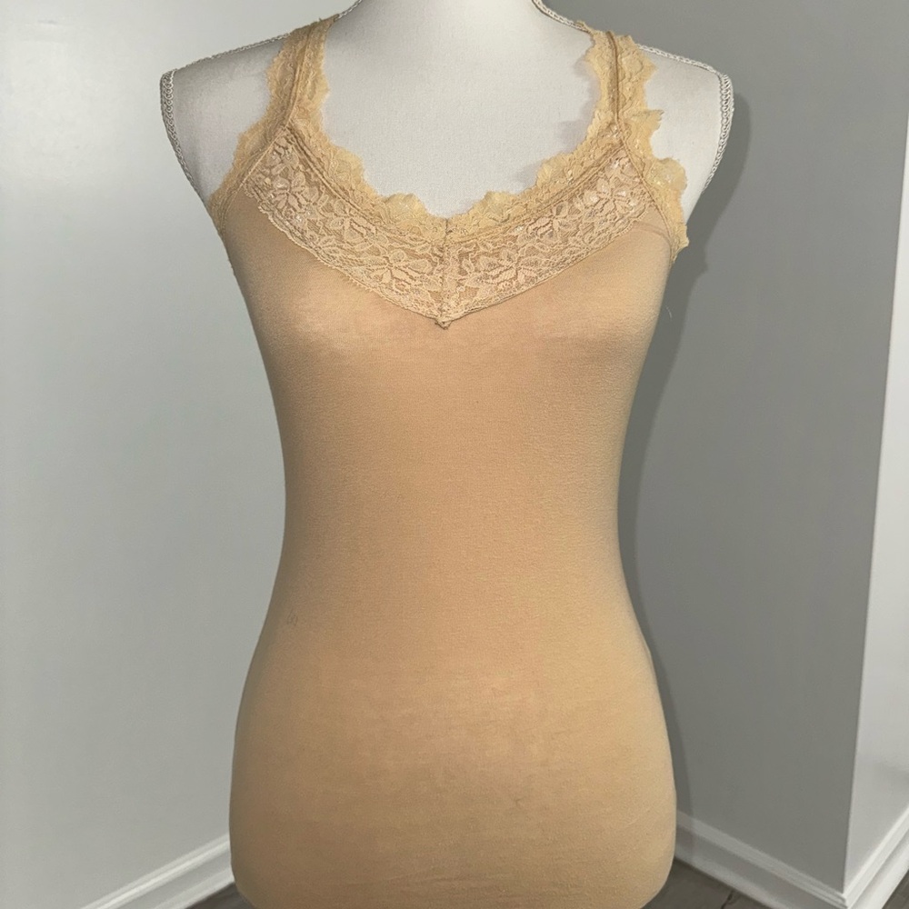Bozzolo Tan Lace Trim Ribbed Cotton Cami Tank Top Small Neutral Y2K Vintage